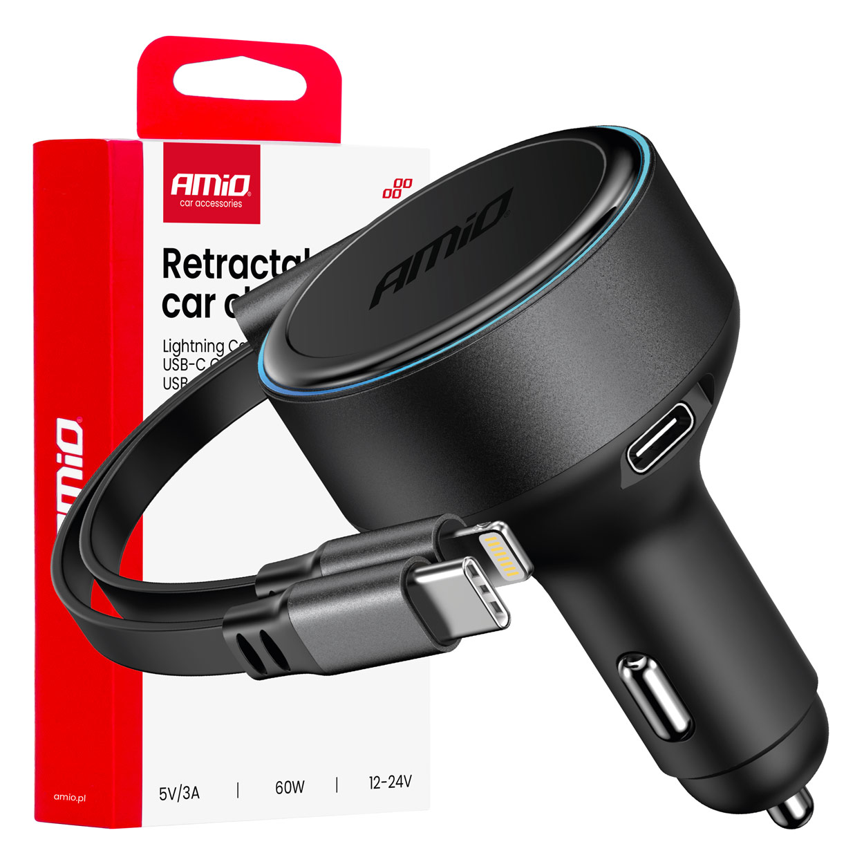 Caricabatterie da auto con cavo retrattile Tipo C + cavo LIGHTNING IPHONE + USB-C