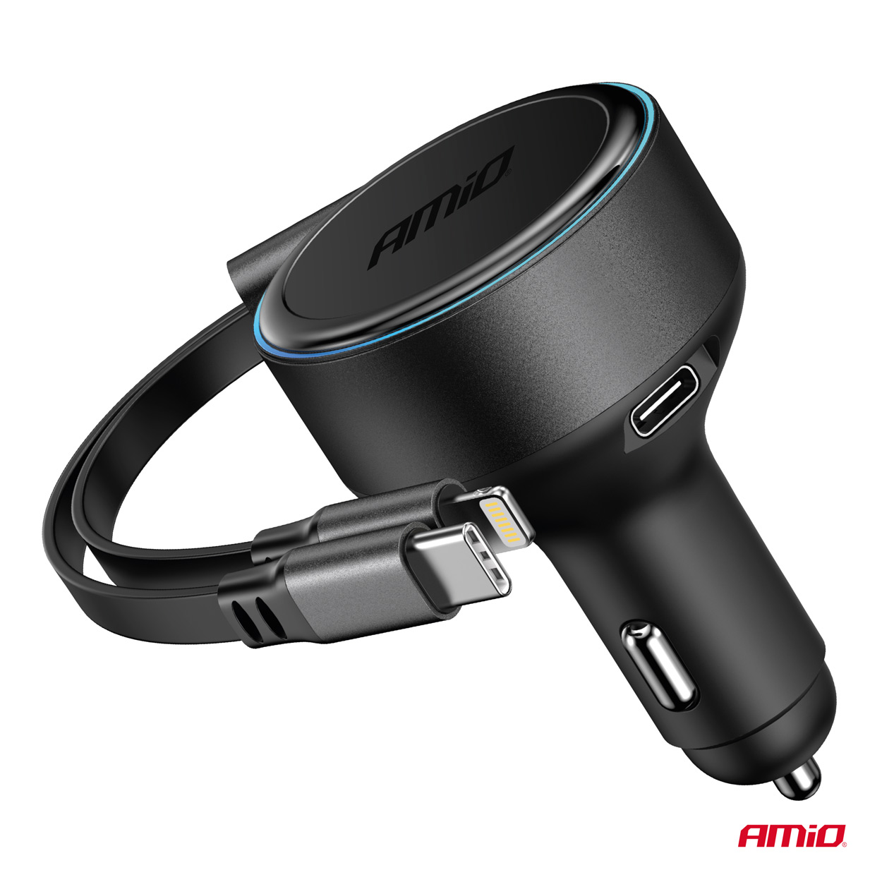 Caricabatterie da auto con cavo retrattile Tipo C + cavo LIGHTNING IPHONE + USB-C - immagine 3